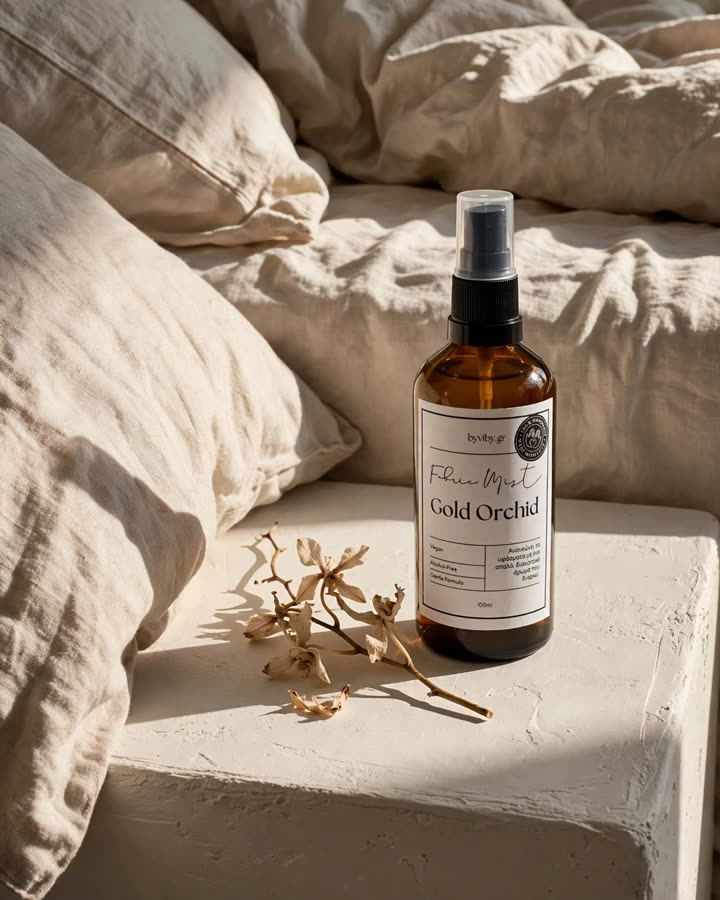 Amber spray bottle on a linen bed in morning light