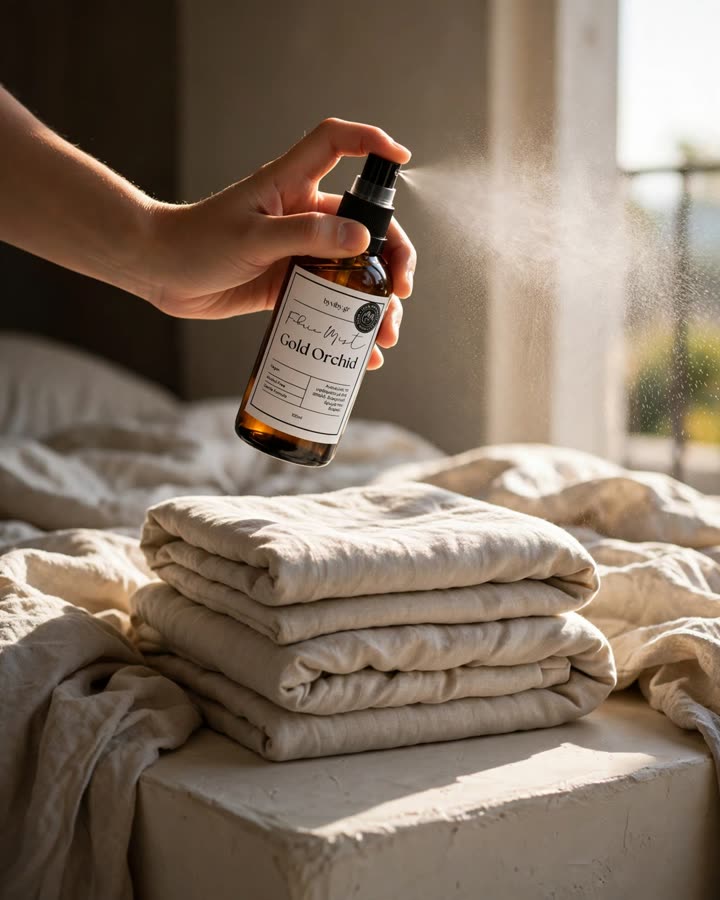A hand misting a stack of folded linen