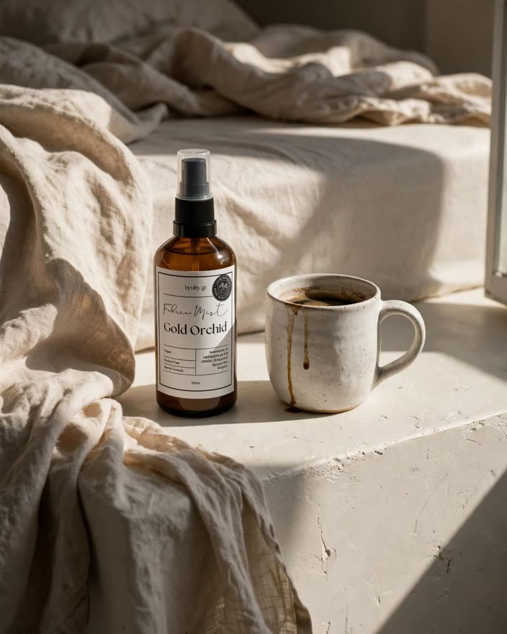 The bottle beside a ceramic mug of coffee